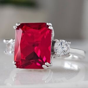 Red Ruby Radiant cut Gemstone Ring, 925 Sterling Silver Charmed Aroma